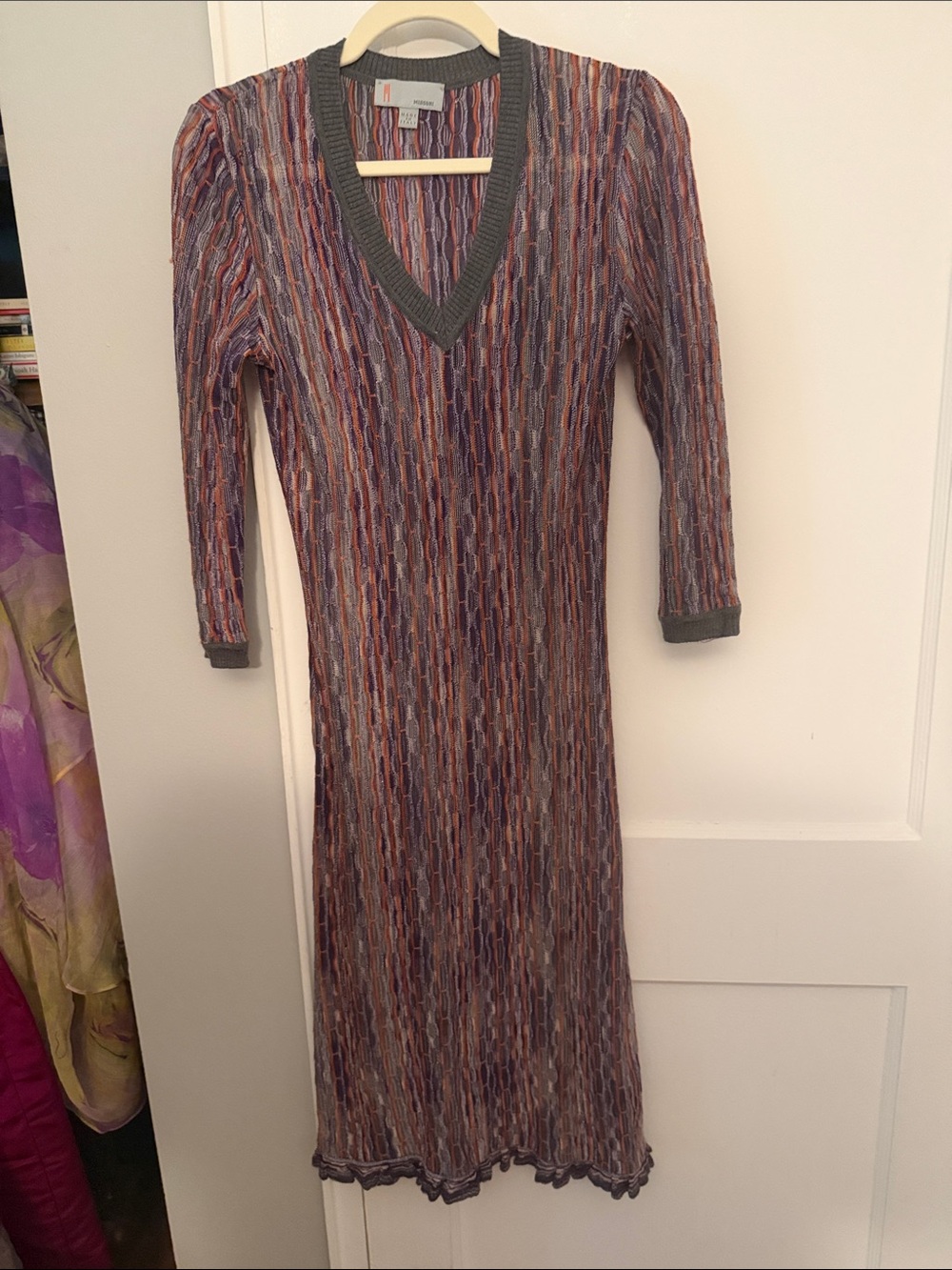 Striped V-Neck Long Sleeve Knit Dress in Multicolor